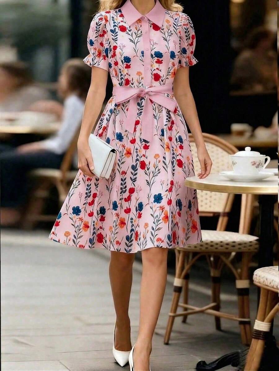 Ellegaria. 女士碎花连衣裙、女士泡泡袖连衣裙、女士系腰连衣裙 - 粉色 - 查看 1