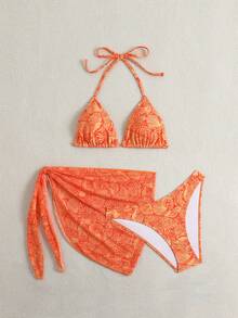SHEIN Swim Vcay Women's 3-Piece Set: Random Shell Print Sexy V-Neck Halter Top, Matching Triangle Bottoms And Side Tie Skirt Bikini Set - Multicolor - View 5