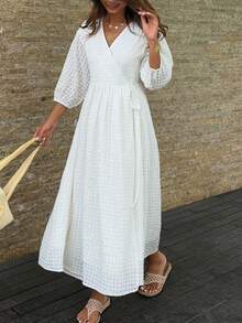 DAZY 休闲度假风白色长款纹理中长连衣裙，春夏款 - Pearl White - 查看 6