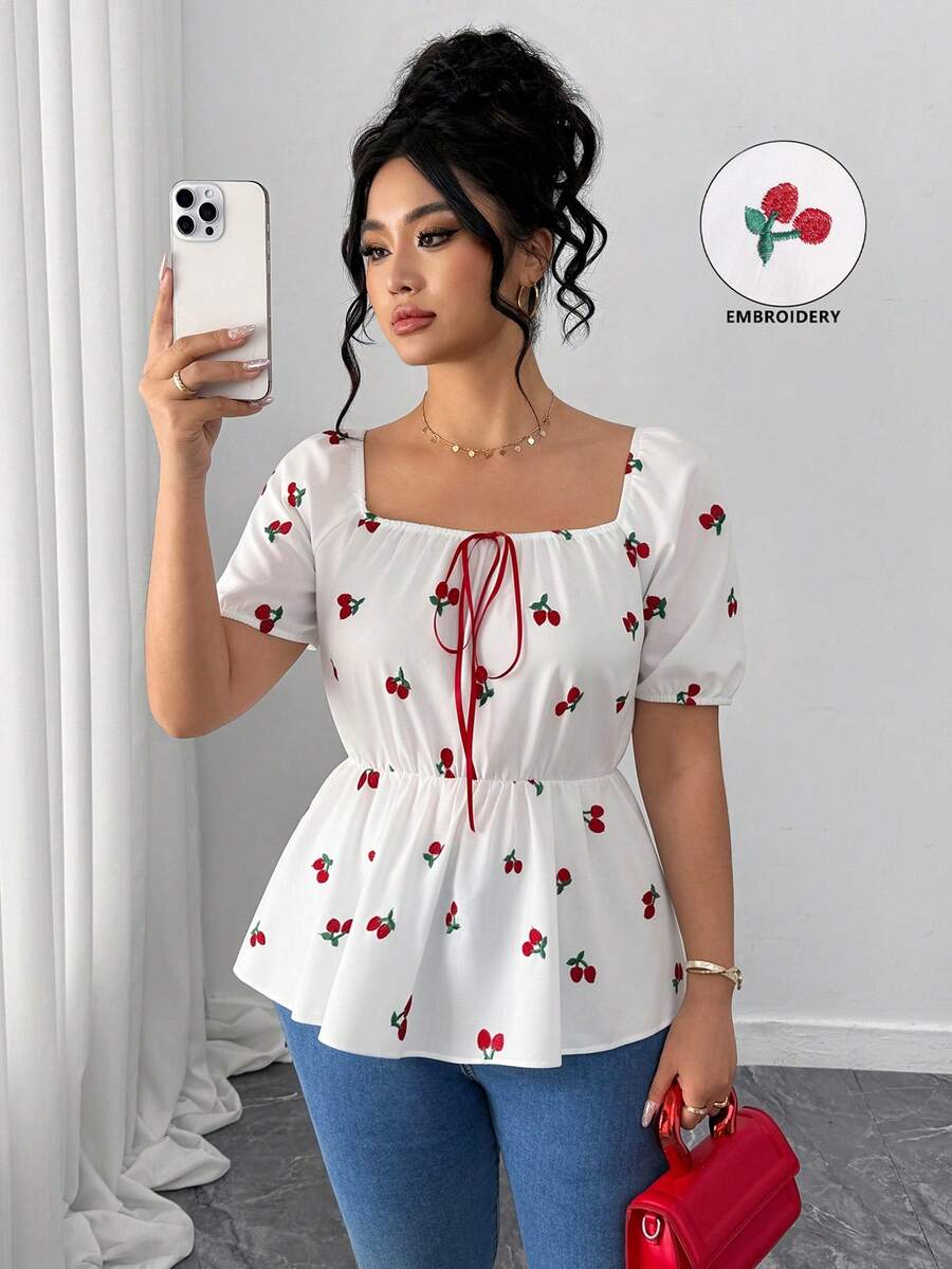 Elenzga Camisa casual de mujer talla grande con bordado de flores de cerezo, adecuada para citas románticas, primavera/verano - Beis - Ver 1
