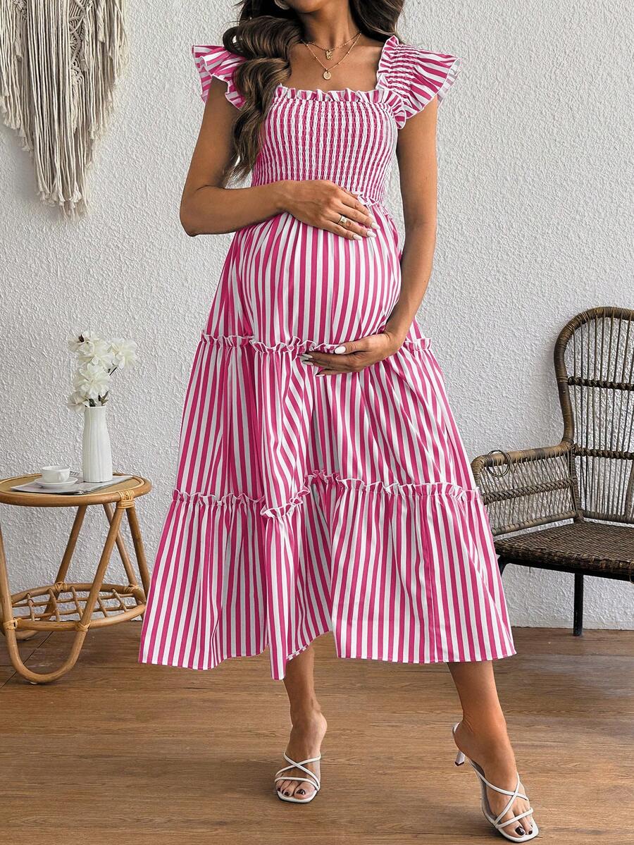 SHEIN Maternity Casual Striped Dress - Pink - View 1