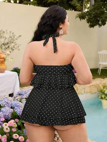 Swim Mod Plus Size Women's Polka Dot Halter Tankini Top, Triangle Tankini Bottom And Mini Skirt, Suitable For Summer Vacation Vacation White - Black - View 2