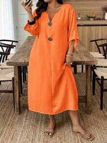 Weeklong Plus Size Women V-Neck Casual Party Dress Fall - Orange - View 6