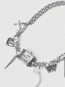 ROMWE Grunge Punk 1 件复古 Y2K 夸张多元素时钟铆钉心形颈链吊坠锁骨链，适合女性日常佩戴、音乐节、情人节约会、礼物、搭配休闲装 - 彩色 - 查看 7