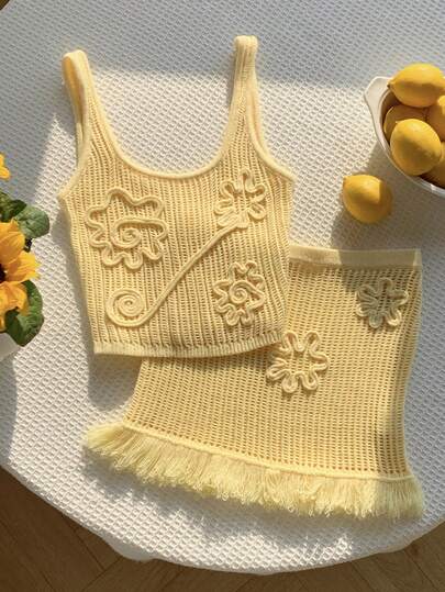 Comfortcana 女士性感优雅3D钩编镂空流苏针织吊带背心和迷你裙两件套