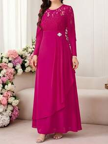 Ellevyn Women's Elegant Long Contrast Lace Dress With Cape Design - Hot Pink - View 6