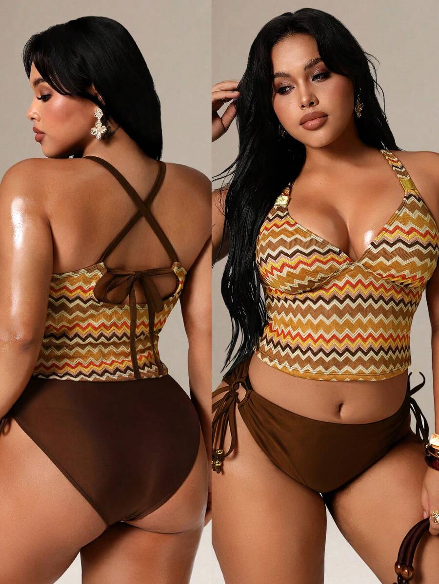 Auralis Plus Size Retro Wavy Pattern Criss-Cross Back Fashionable Summer Bikini Set Summer Outfit For Women Plus Size Bathing Suits Women