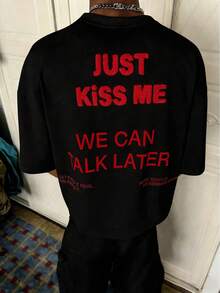 TOKVUE 街头休闲红色标语3D刺绣白色宽松T恤 - 黑色 - 查看 5