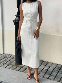 DAZY Women's Casual Washed Denim Round Neck Sleeveless Denim Dress, Summer Dress - Beige - View 8
