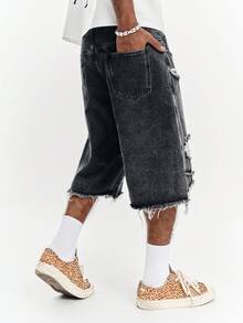 PAVTROS American Patchwork Frayed Distressed Washed Casual Denim Bermuda Shorts - Grey - View 3