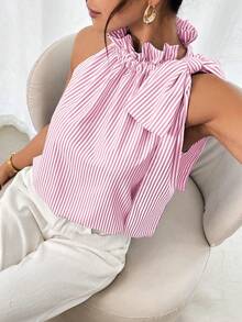 SHEIN Clasi Áo kiểu nữ không tay cổ bèo nhún thắt nơ kẻ sọc, thích hợp cho mùa xuân/hè. - Hồng - Xem 4