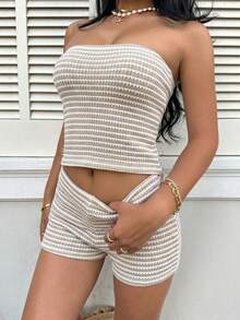 Sunnyshic 女士夏季休闲度假条纹露背抹胸上衣和低腰短裤两件套 - 卡其色 - 查看 4