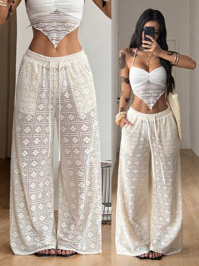 Coolane 女士夏季乡村音乐会外出海滩装扮波西米亚风简约水洗100%纯棉白色弧形裤脚裤