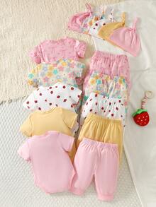 SHEIN 5件套新生儿可爱甜美套装：短袖连体衣+裤子+帽子，夏季 - 彩色 - 查看 2