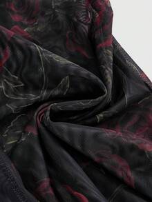 ROMWE Gothic Style Velvet Rose Print Plus Size Women Pants - Black - View 4