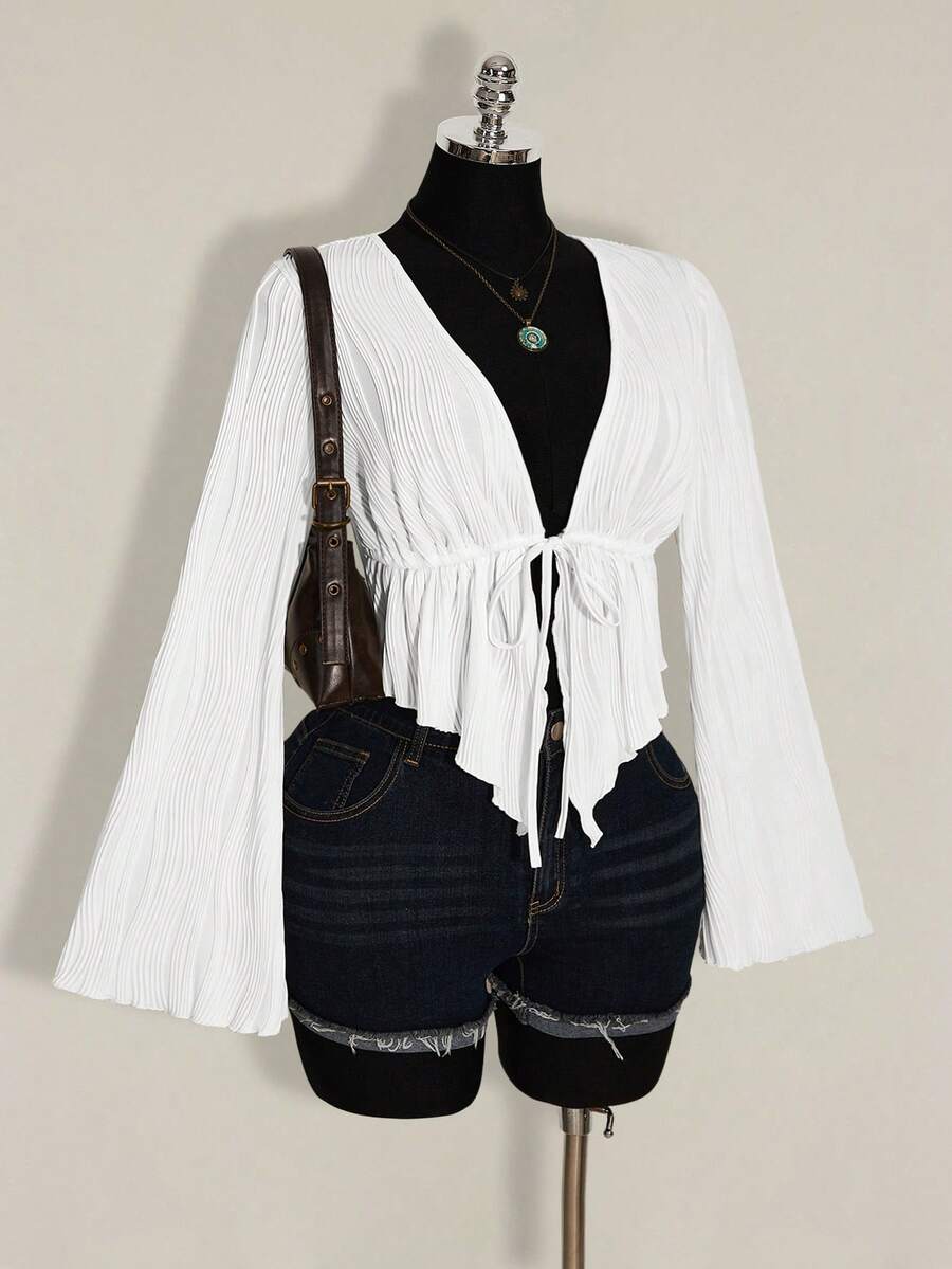 SHEIN ICON 大尺碼女款黑色紋理前綁帶上衣 - 白色 - 查看 1