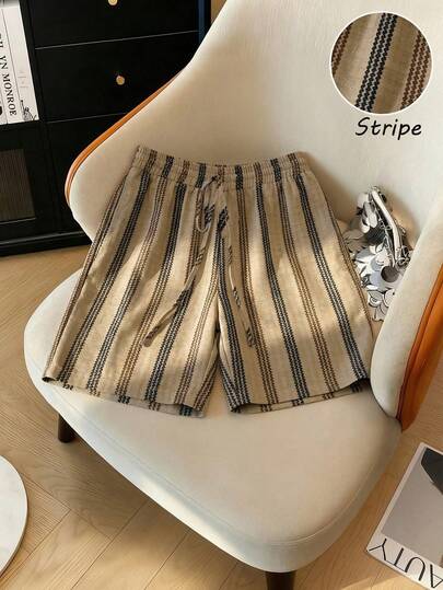 GlowEve 复古条纹亚麻抽绳短裤，松紧腰宽松休闲七分裤，休闲阔腿裤，适合度假和通勤。