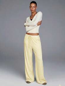 Fluxe Women's Striped Drawstring Waist Casual Versatile Daily Wear Wide Leg Pants Summer Outfits Summer Outfits Beach Outfits Casual Sets For Women Holiday Outfits Women's Sportswear Workout Sets For Women Yellow Striped Pants - Light Yellow - View 6