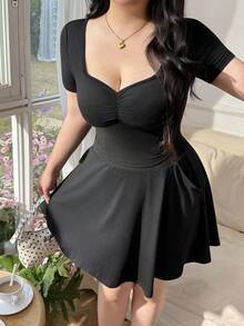 CovetEZ Plus Size Summer Short Sleeve Casual Sweet Black Mini Skirt 2 Pieces Set - Black - View 4