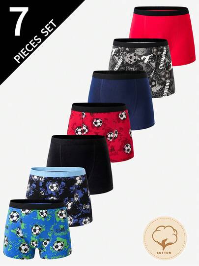 Quần lót boxer in hình bóng đá thể thao nhiều màu sắc cho bé trai, màu đen, xanh navy, đỏ, xám, bộ 7 chiếc.