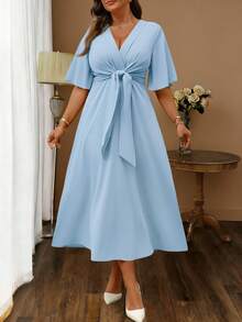 Elenzga Plus Size Women's Elegant Daily Wear V-Neck Ruffle Short Sleeve Tie-Waist A-Line Maxi Dress - Blue - View 1