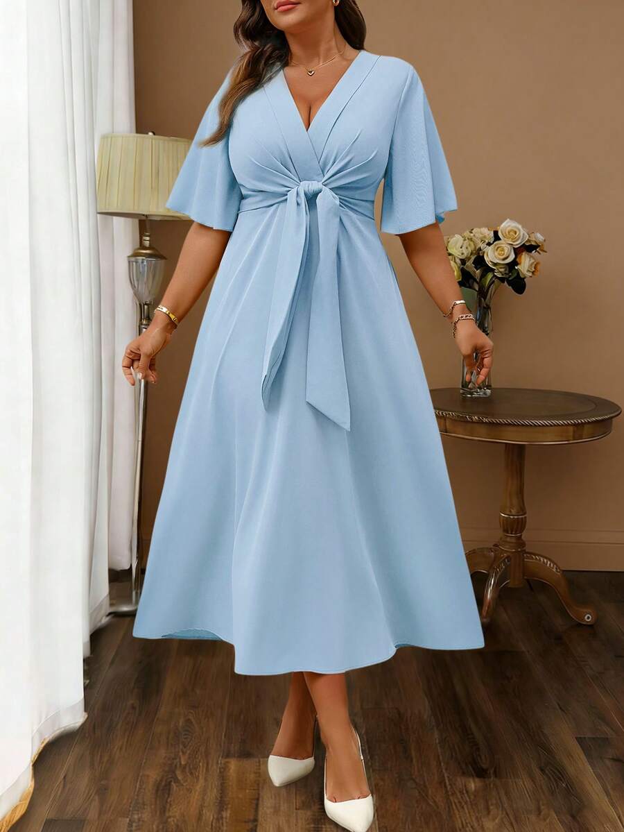 Elenzga Plus Size Women's Elegant Daily Wear V-Neck Ruffle Short Sleeve Tie-Waist A-Line Maxi Dress - Blue - View 1
