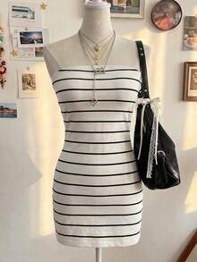 Vestido tubo ajustado de cuello redondo con estampado de rayas para mujer, primavera/verano - Multicolor - Ver 4