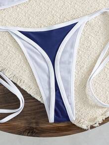 Bonvoyette Summer Vacation Sexy Contrast Color Halter Backless Bikini Set - Navy Blue - View 6