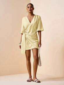 Zivah Pale Yellow Summer Elegant Tea Party Brunch Women's V-Neck Wrap Side Tie 5/8 Sleeve Mini Linen Dress, Casual Wedding Guest Office Wear - Light Yellow - View 5