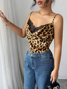 SHEIN Áo hai dây ren họa tiết da báo thanh lịch dành cho nữ - Nhiều màu - Xem 4