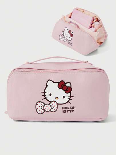 HELLO KITTY AND FRIENDS | SHEIN 1个粉色卡通印花PU枕形化妆包，便携大容量化妆包，旅行收纳包，女士化妆刷收纳袋，旅行洗漱包，轻便拉链化妆包，便携式旅行化妆包，化妆品整理袋，化妆刷、化妆品、护肤品、数码配件收纳洗漱包，适合海滩、度假、暑假使用。