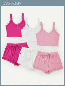 SHEIN 3pcs/Set Women's Solid Color Lace Cami Top & Shorts Pajama Set - Multicolor - View 1