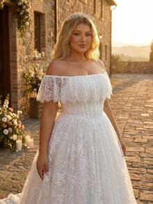 Glamrae Plus Size Elegant White Spring Wedding Dress Lace Off Shoulder Ruffle Sleeve Basque Waist Puff Bridal Gown For Women Weddings And Events Wedding - White - View 9