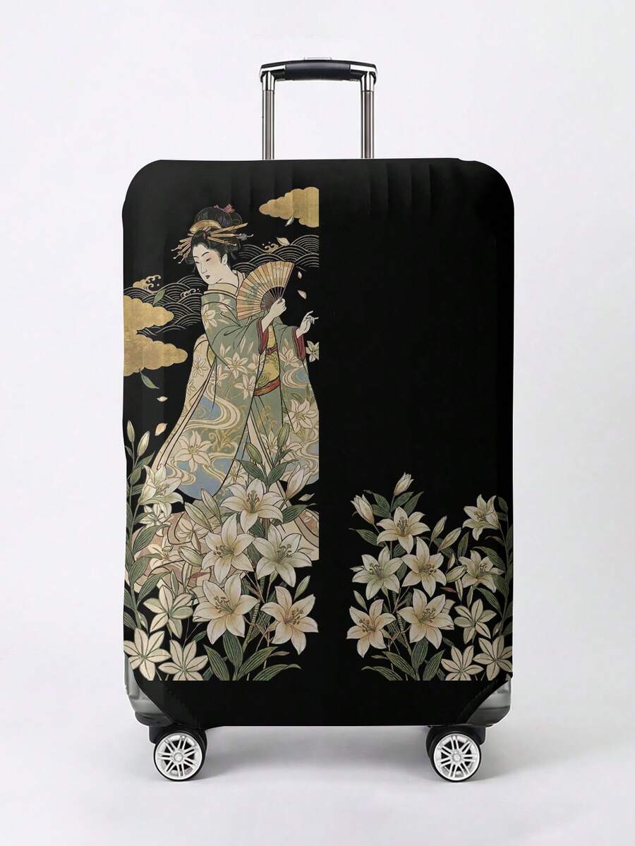 ROMWE Kawaii Vỏ bọc hành lý họa tiết Geisha Lily Ukiyo-E Nhật Bản màu đen, phù hợp với hành lý có kích thước từ 18-32 inch, phụ kiện tay cầm hành lý, phụ kiện du lịch. - geisha - Xem 1
