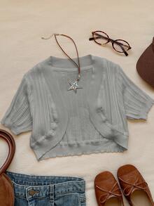 SHEIN EZwear Áo khoác cardigan dệt kim tay ngắn màu xám dễ thương, kiểu dáng thường ngày dành cho nữ, thích hợp cho mùa xuân/hè. - Xám - Xem 4