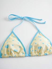 SHEIN X Care Bears Bộ bikini tam giác buộc dây cổ phối màu tương phản dành cho nữ, thích hợp cho mùa hè. - Màu vàng - Xem 12