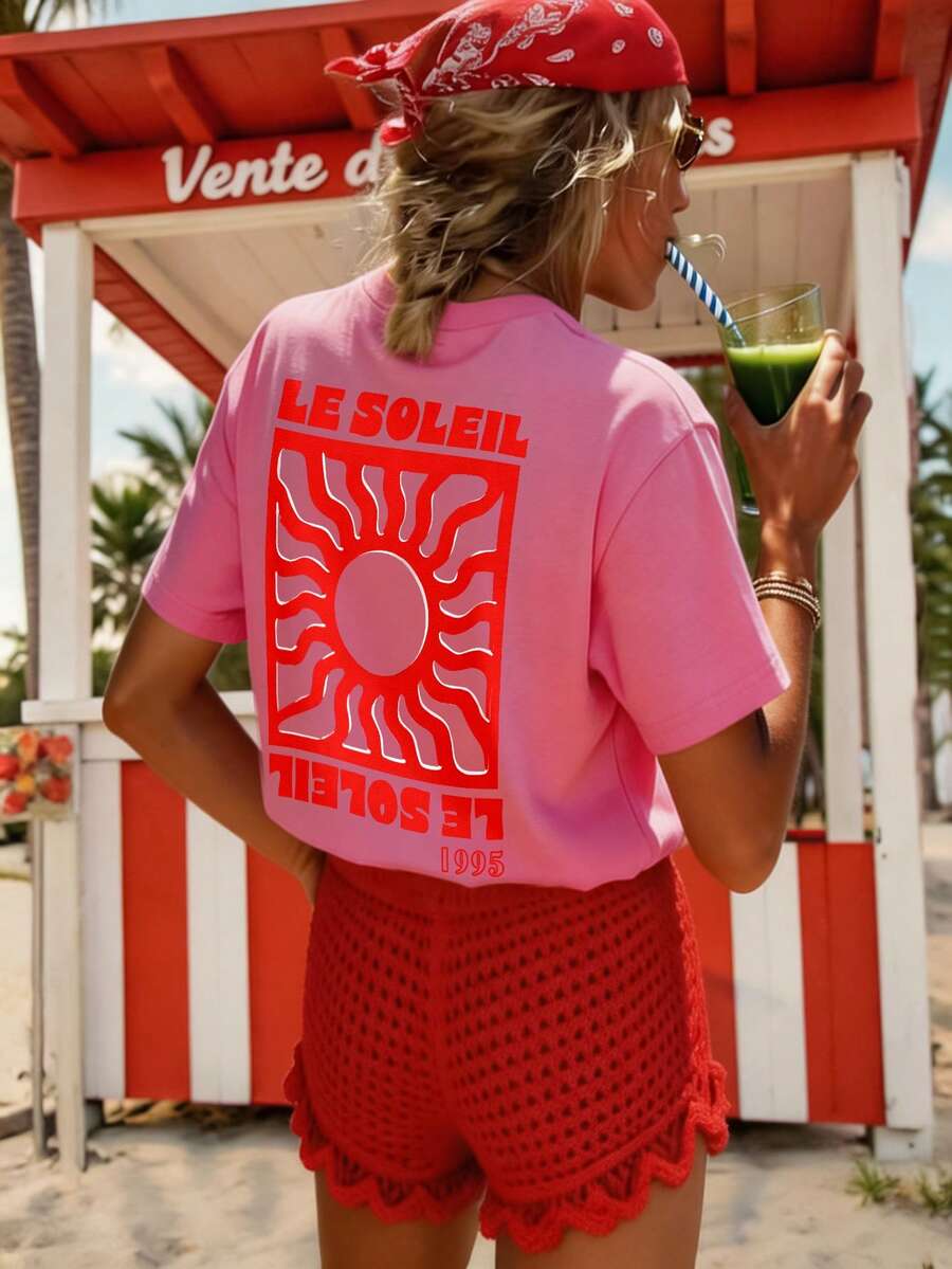 DrmWander Plus Size Casual Graphic Tee, Street Style Short Sleeve T-Shirt, Cute Summer Top, Vacation Vibe With Red Accents - Hot Pink - View 1