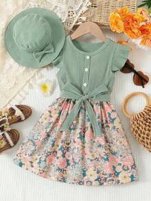 SHEIN Vintaside Kids Vestido De Cinturón Con Estampado Floral Para Niña Joven Y Sombrero Accesorio Con Pretina De Volantes - Multicolor - Ver 7