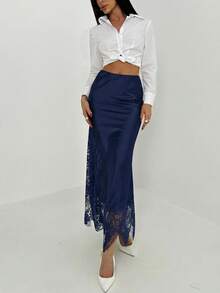 Aloruh Women's Lace Patchwork Casual Versatile Date Night Skirt - Blue - View 6