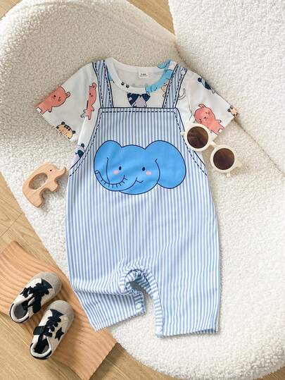 SHEIN Playful Pals Áo liền quần tay ngắn cổ tròn in họa tiết sọc và hoạt hình cho bé trai