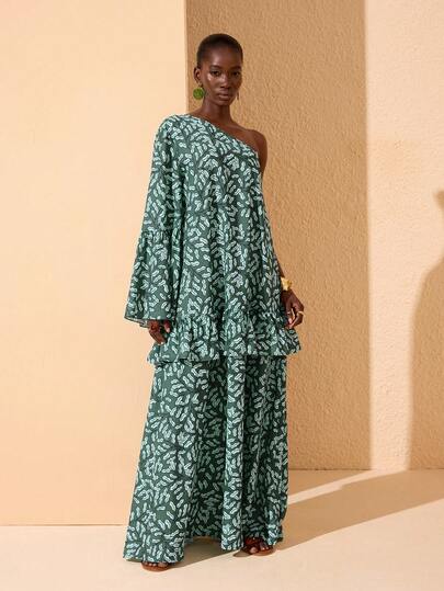 JIAN LASALA Đầm maxi nữ nhiều màu sắc, kiểu boho, cổ bất đối xứng, tay dài, hai lớp.