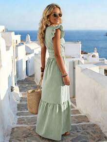 SHEIN Holidaya 女士V领叶边条纹修身A字连衣裙，适合春夏穿着，休闲度假时尚连衣裙，条纹连衣裙，春夏服装，外套，蓝白条纹连衣裙 - 綠色 - 查看 2