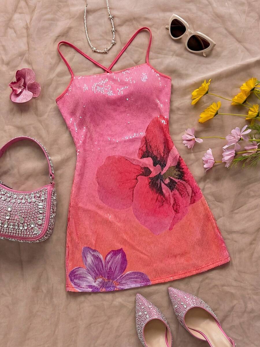 Nevyona 2026夏季海滩度假串珠露背系带连衣裙，性感女士粉色连衣裙 - 玫紅色 - 查看 1