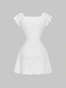 SHEIN MOD Đầm ngắn nữ màu trơn, buộc dây phía trước, tay bồng, kiểu dáng thời trang. - trắng - Xem 4