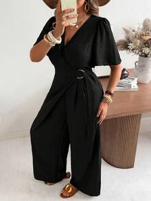 Ceyna Plus Size Woven Cross Collar Black Ruffle Short Sleeve Straight Leg Jumpsuit With Double D-Ring Waist Decor Brunch Summer Elegant Smart Party Night - Black - View 6