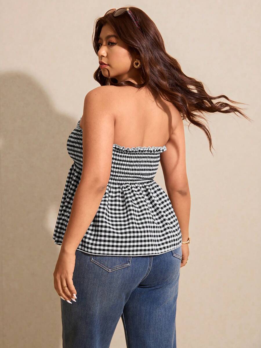 Elaquor Plus Size Women Plaid Frill Trim Bandeau Top - Black and White - View 1