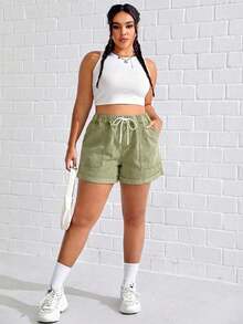SHEIN ICON Quần short denim dáng rộng dành cho nữ cỡ lớn, có dây rút ở eo và túi. - màu xanh lá - Xem 4