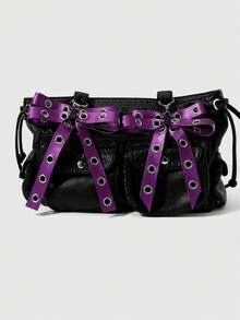 ROMWE 2 Multi-Specification Y2k Sweet And Cool Babes Temperament Fashion Heavy Industry Punk Dark Style Goth Purple Glossy Leather Metal Air Eye Hole Eye Double-Layer Bow DIY Love Keychain Bag Pendant, Combination Suit, Suitable For Women, Girls, Sisters, Girlfriends, Daily Wear, Holiday Gifts - Purple-29 - View 2