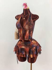 Amplova Bộ đồ 2 mảnh dành cho nữ, họa tiết da báo, gợi cảm, phong cách avant-garde, nhuộm tie-dye, gồm áo cổ chữ V sâu, không tay và chân váy mini xếp ly cạp siêu thấp. - Nhiều màu - Xem 4