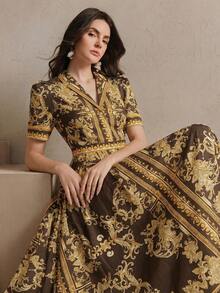 Elegant Floral Print Waist Cinched Collared Single-Breasted Dress, Suitable For Festivals, Going Out, Vacation Outfits For Women - Yellow - View 1